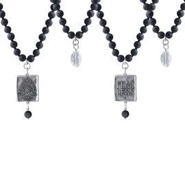 Katia Designs Wood Bead Necklace for Women, Long Beaded Wooden Necklaces, Bohemian Buddhist Jewelry, Long Boho Design Mandala Pendant, Black & Silver