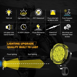 BEEYEO 4.5 Inch Round Motorcycle LED Fog Light, 100W Amber White LED Driving Spotlight Auxiliary Light Kit Offroad Lights with Mount Brackets Wire Harness for Motorcycle Wrangler Car Truck UTV ATV