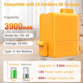 25.55V 3900mAh Battery Compatible for LG CordZero A9 Series Cordless Vacuum, Compatible with LG Vacuum A905RM, A906SM, A907GMS, A916, A9K-PRO, A9T-ULTRA, A9, A9+, A9N, A9M, A9K-CORE, A9K-MAX, A9MULTI