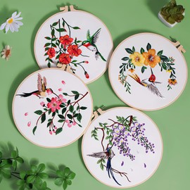 Dremisland 4 Piece Embroidery Set for Beginners Hummingbird Flower Embroidery Set Adult DIY Cross Stitch Stick Set Starter Embroidery Kit with Embroidery Hoop Colour Threads and Tools