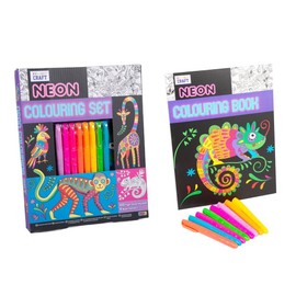 Neon Colouring Craft Set - 100 Page Colouring Book & 8 Neon Markers Colourful Marker Pens - Kids Beginners Artist & Crafter Kit