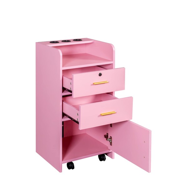FIQHOME Beauty Salon Station, Rolling Beauty Station for Hair Stylist, Hair Salon Station Storage Cabinet on Wheels, Salon Table with 2 Drawers,Stylist Storage Cabinet with 2 Hair Dryer Holders,Pink