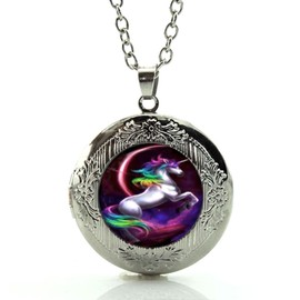 DianaL Boutique Silver Tone Unicorn Horse Rainbow Locket Pendant Necklace Glass Cabochon Art Picture Fashion Jewelry
