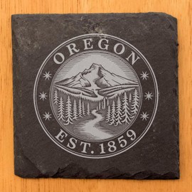 Oregon Mountain Scene Slate Coasters Set of 5 - Vintage Style Mountain River Forest Design - Rustic Gray Natural Stone Drink Coasters - Handcrafted in Oregon USA - Perfect Home Bar Decor Gift