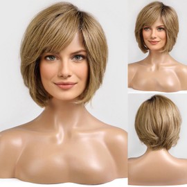 HAIRCUBE Short Brown Wig for Women Hand-Tied Lace Front Human Hair Wig Layered Bob Wig with Bangs Natural Wig for Daily Use