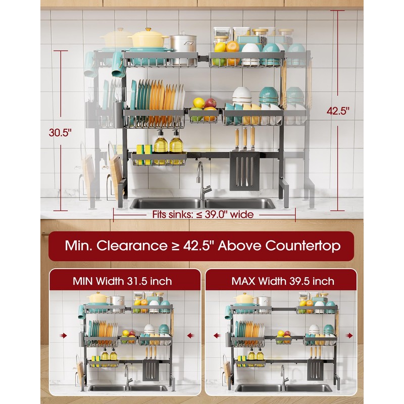 Sakugi Over The Sink Dish Drying Rack - Adjustable 3