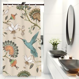 LIVETTY Off White Bird Floral Shower Curtain 90×180cm with 12 Hooks Mould Proof Flowers Shower Curtain Fabric Bathroom Curtain Washable Quick-Drying