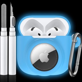 LDSXAY 2 in 1 Silicone Case Compatible with AirPod 4 and AirTag, Shockproof Protective Skin Cover for AirPods 4th Generation with Cleaner Kit & Carabiner (Glow Blue)