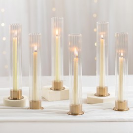 NUPTIO Candlestick Holder with Ribbed Hurricane: Set of 6 Metal Candle Holders with Glass Cylinders - Gold Taper Candleholders for Birthday Valentine Wedding Table Centerpiece Outdoor Decor
