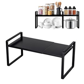 PORFOYO Extendable Cupboard Shelf, 31-55 cm, Kitchen Shelf, Kitchen Cabinet Organiser, Telescopic Shelf Insert for Spices, Expandable Shelf for Kitchen and Office, Black