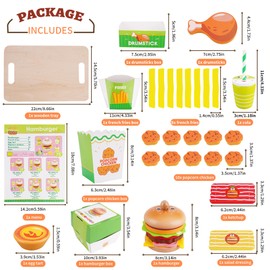 Montessori Toys Pretend Play Food Set for 3 4 5 Year Old, Wooden Fast Food Play Kitchen with Hamburger, Fries, Egg Tart, Popcorn Chicken, Drumsticks, Cola, Christmas Birthday Gifts Kids Boys Girls