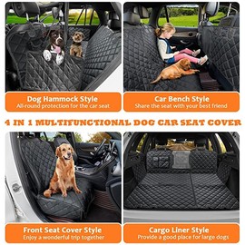 CHEWCREW 4-in-1 Dog Car Seat Cover Waterproof Pet Dog Travel Mat Mesh Dog Carrier Car Hammock Cushion Protector with Zippers and Pockets (Black)