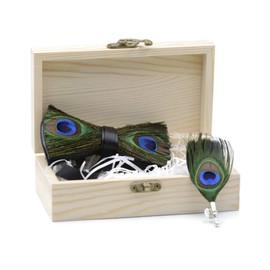 Indian Peafowl Feather Bow Tie & Lapel Pin Set - Mandujour Handmade Bowties
