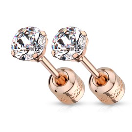 Bungsa Rose Gold Stud Earrings Crystal 3 mm Small - 1 Pair Stainless Steel (Earrings Ear Cuff Earrings Square Cut Women Men Fashion Studs Earrings), Stainless Steel, Cubic Zirconia