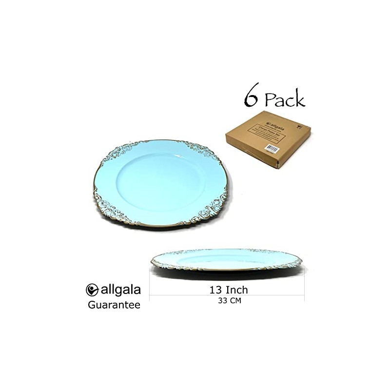 allgala 13-Inch 6-Pack Heavy Quality Round Charger Plates-Floral Turquoise-HD80382