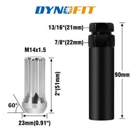 DYNOFIT 14mmx1.5 Wheel Lug Nuts, 32x Chrome M14x1.5 Lug Nut,Conical/Cone Bulge Seat, Closed End Long Extended XL Spline with 1 Socket Key Fits 8 Lug Aftermarket Wheels