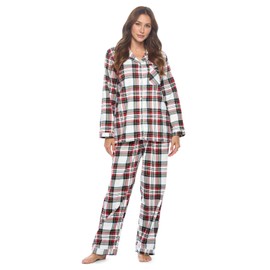 Casual Nights Women's Flannel Long Sleeve PJ's Button Down Sleepwear Pajama Set, White Stewart Plaid, Medium