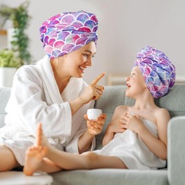 MADHOLLY - Toalla de pelo de microfibra de secado rápido para niños y mujeres, paquete de 2 toallas de pelo suaves superabsorbentes con botón, turbante antifricción para cabello largo y rizado más