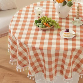 Laolitou Orange Checkered Round Tablecloth Washable Buffalo Plaid Table Cloth with Tassel Cotton Linen Gingham Table Cover for Fall and Thanksgiving Decorations, Orange, Round, 60", 2-4 Seats