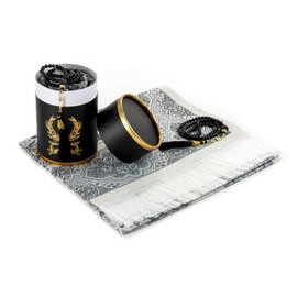 Muslim Prayer Rug and Prayer Beads with Elegant Cylinder Gift Box | Janamaz | Sajadah | Soft Islamic Prayer Rug | Islamic Gifts Set | Prayer Carpet Mat, Taffeta Fabric, Black