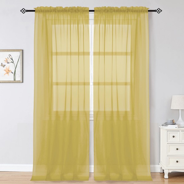 OWENIE Gold Sheer Curtains 96 Inch Length 2 Panels Set,