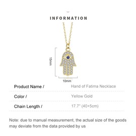 AMINKINA 14K Gold Moissanite Hand of Fatima Necklace, Sapphire Evil Eye Pendant Necklace, Birthday, Mother's Day Gift for Mother, Wife, Girlfriend (Yellow Gold, 14K)