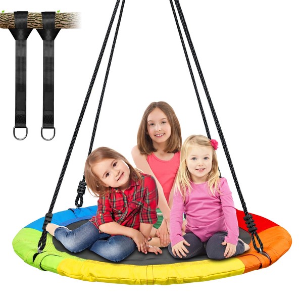 Trekassy 700lb 40 Inch Saucer Tree Swing for Kids Adults 900D Oxford Waterproof with 2pcs Tree Hanging Straps, Steel Frame and Adjustable Ropes Rainbow