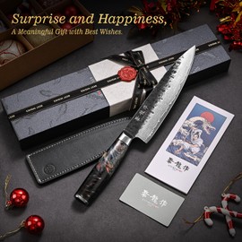 Japanese Chef Knife, 8 Inch Damascus Kitchen Knife with VG10 Steel Core, Professional Black Forged Kitchen Knives with Ergonomic Handle, Leather Sheath & Luxury Gift Box, Birthday Gifts for Men Women