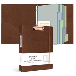 Ospelelf 3 Ring Binder with Clipboard, 1 Inch Leather, Brown, Letter Size (8.5" x 11"), 5 Tab Dividers