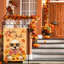 YOVOYOA Hello Fall Golden Retriever Garden Flags for Outside, Fall Sunflower Pumpkin Dog Garden Flag 28x40 Inch Double Sided, Rustic Fall Harvest Thanksgiving Yard Flag, Autumn Pumpkin Welcome Yard Flag for Porch Farmhouse Thanksgiving Decorations
