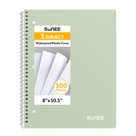SUNEE Spiral Notebook, 1-Subject, College Ruled Paper, 8" x 10-1/2", 100 Sheets per Notebook, 3-Hole Punched Paper, Water Resistant Cover, Double-sided Pockets, Spiral Lined Notebooks for Work, Green