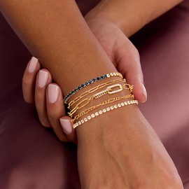 MFRYK Gold Bracelets For Women,Trendy 14k Gold Plated lightweight Dainty Chunky Thin Paperclip Chain Tennis Figaro Bracelets Stack Set,Gold Jewelry Gift For Women Fashion Accessories