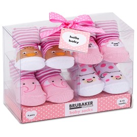 Brubaker 4 Pairs Baby Socks Boys Girls 0-12 Months Fun Sneaker Cars Animals Ruffle Christmas Socks in Gift Box -