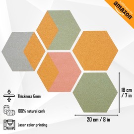 Cork Wall Sticker Hexagonal Wall Sticker for Wall Decoration (5pcs) Decorative Cork Board Comes with Push Pin and Clamp (12pcs) Real Cork Tiles Ideal for Moodboard