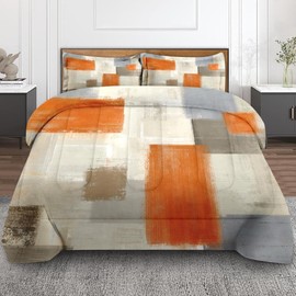 Culudea Beige Grey Abstract Painting Comforter Set Queen Size Bedding Set Orange Gray Contemporary Includes Comforter & Pillowcase Bedding for All Seasons Kids and Adults Bedroom Bed Decor