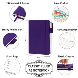 feela 3 Pack Pocket Notebook Journals, Mini Cute Small Journal Notebook Bulk Hardcover College Ruled Notepad with Pen Holder for Office School Supplies, with 3 Black Pens, 3.5”x 5.5”, A6, Purple