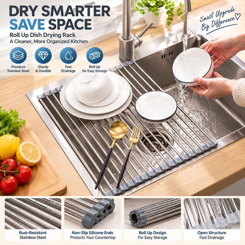 Roll-Up Stainless Steel Sink Drying Rack for Kitchen Counter Space