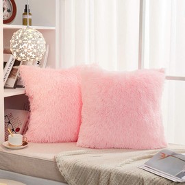 JAUXIO Set of 2 Long Faux Fur Soild Decorative Pillowcase Fluffy Throw Pillow Cover Velvet Shaggy Plush Cushion Case for Couch (18X18 Inches Pink)
