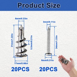 20 Pcs Plasterboard Fixings Heavy Duty, Plasterboard Fixings Dry Wall Anchor, Superior Tight Grip & Strong Hold, Self Drill Drywall Fixings Set for Composite Boards Stone Concrete Ceiling