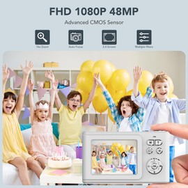 Digital Camera for Kids, 1080P FHD Camera, Autofocus 4K 48MP Point and Shoot Digital Camera 16X Zoom 32GB Card, with 2 Batteries Silver Compact Camera Gifts for Teens Kids Boys Girls
