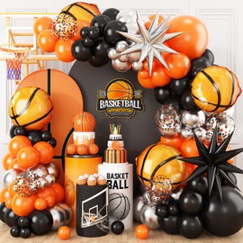 Basketball Balloons Arch Garland Kit,163Pcs Orange Black Metallic Silver Confetti Balloons with Basketball and Star Foil Balloons for Boy Sports Theme Teenagers Birthday Party decoration