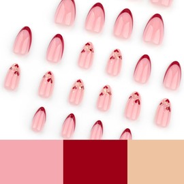 24 Pcs French Tip Press on Nails Short Almond Red Heart Fake Nails with Designs Full Cover Valentines False Nails Glue on Nails Valentine's Day Artificial Nails for Women Girl