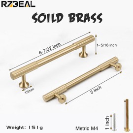 RZDEAL 4pcs Solid Brass Gold Cabinet Pulls, 5-Inch Hole Centers for Kitchen Cupboard Handles Modern Drawer Pulls Bathroom Brushed Brass Cabinet Pulls Wardrobe Door Handles
