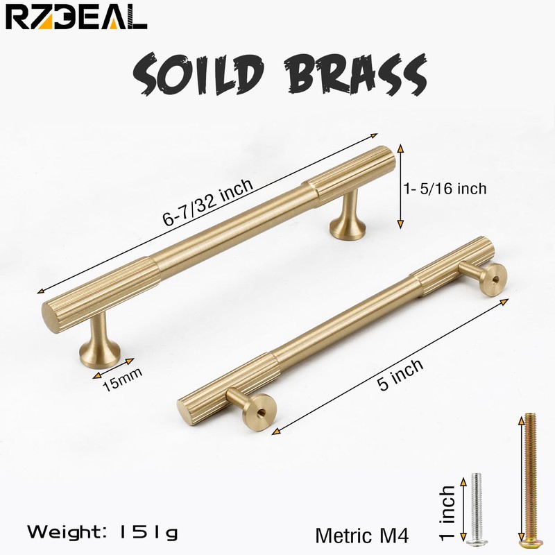 RZDEAL 4pcs Solid Brass Gold Cabinet Pulls, 5-Inch Hole Centers