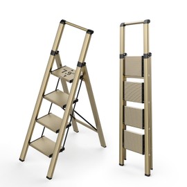 WOA WOA 4 Step Ladder for 10 Feet High Ceiling, Lightweight Foldable Ladder with Non-Slip Wide Pedals, Step Stool with Safe Handrail, Space Saving for Home, Kitchen, Indoor & Outdoor 300lbs - Gold
