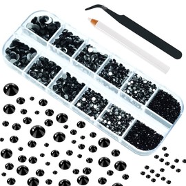 qiipii 4010pcs Nail Art Rhinestones Black Flatback Rhinestones Nail Charms 6 Sizes (1.6-6.1 mm) Up to SS30 Glass Nail Stones Gems Jewels w Picking Pen, Tweezer for Manicure DIY Craft Eyes Face Makeup