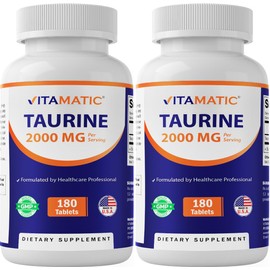 Vitamatic Taurine 2000mg Vegetarian Tablets, 180 Count, Non-GMO, Gluten Free - 2 Pack