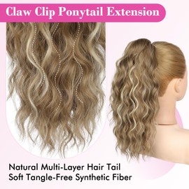 REECHO 14" Ponytail Extension, Claw Clip Ponytail Extension Fake Pony Tails Soft Wavy Multi Layered Clip in Hair Extensions Synthetic Hairpiece for Women HP002 - Medium Blonde with Highlights