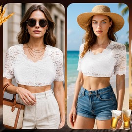 QESSUVNC Dirndl Bluse Damen, Dirndlbluse Spitze, Trachtenbluse Damen Dirndl Bluse Weiß Elegante Halbarm Bluse, V Ausschnitt (DE/NL/SE/PL, Alphanumerisch, M, Regular, Regular, Weiß)