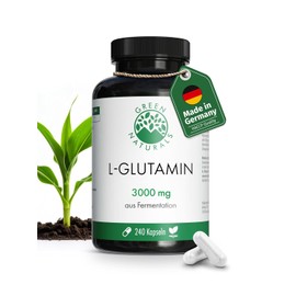 Green Naturals L-Glutamine Capsules - High Dose: 3,000 mg Pure Amino Acid in Free Form & Natural Fermentation - 100% Vegan & No Additives - 240 Capsules (60 Days)